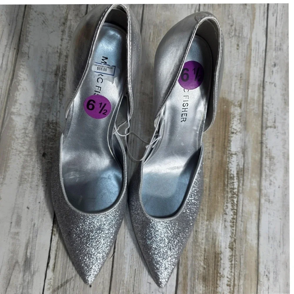 Marc Fisher Womens Silver Glitter Pointed Toe D'Orsay Stiletto Pumps Size 6.5M
